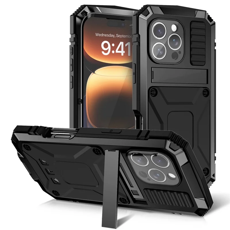 R-JUST Per iPhone 16 Pro Case PC+Silicone+Metal Kickstand Phone Cover con Pellicola in Vetro Temperato - Nero