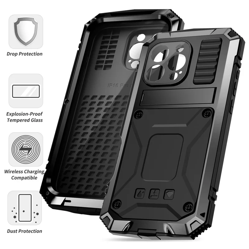 R-JUST Per iPhone 16 Pro Case PC+Silicone+Metal Kickstand Phone Cover con Pellicola in Vetro Temperato - Nero