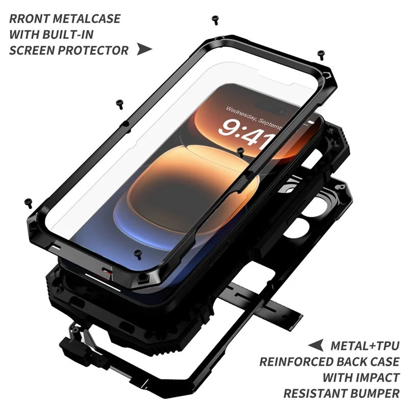 R-JUST Per iPhone 16 Pro Case PC+Silicone+Metal Kickstand Phone Cover con Pellicola in Vetro Temperato - Nero