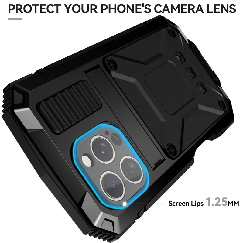 R-JUST per iPhone 16 Pro Max Cover in PC+Silicone+Metallo con Supporto - Nero