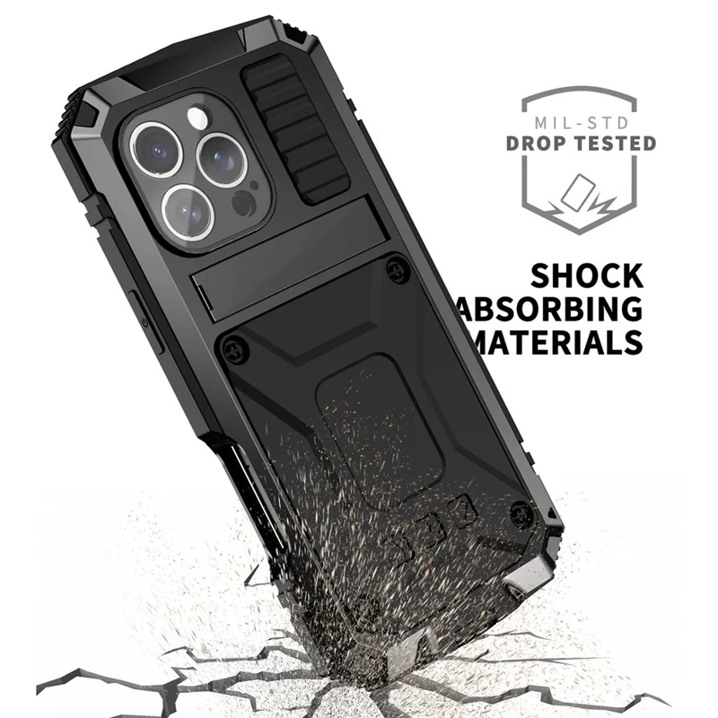R-JUST per iPhone 16 Pro Max Cover in PC+Silicone+Metallo con Supporto - Nero