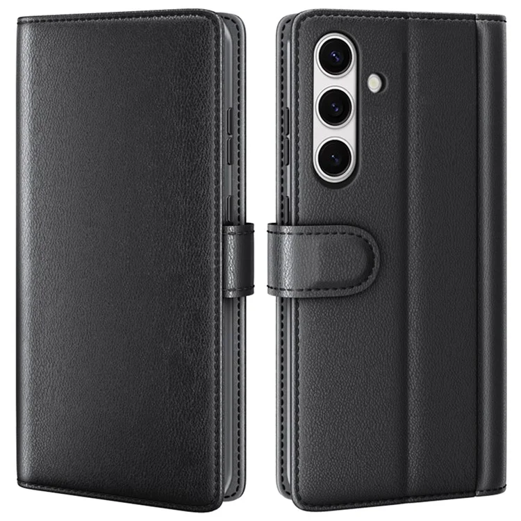 For Samsung Galaxy S24 FE Case Genuine Split Leather Phone Cover with Wallet Stand - Black