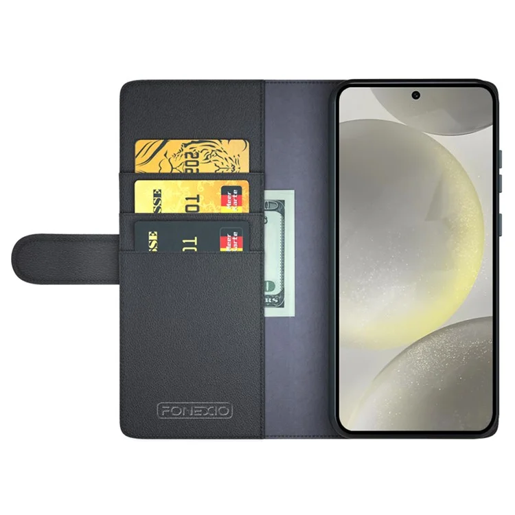 For Samsung Galaxy S24 FE Case Genuine Split Leather Phone Cover with Wallet Stand - Black