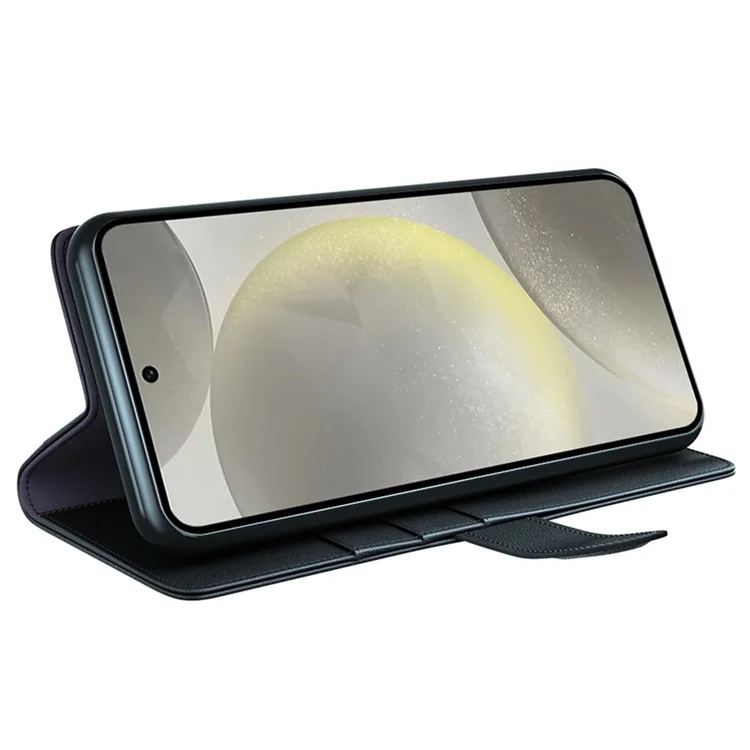 For Samsung Galaxy S24 FE Case Genuine Split Leather Phone Cover with Wallet Stand - Black