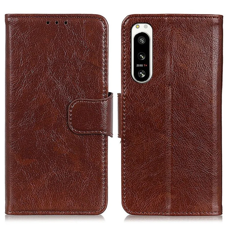 For Sony Xperia 5 IV 5G Nappa Texture Split Leather Flip Wallet Case Magnetic Closure Shockproof Phone Cover Stand - Brown