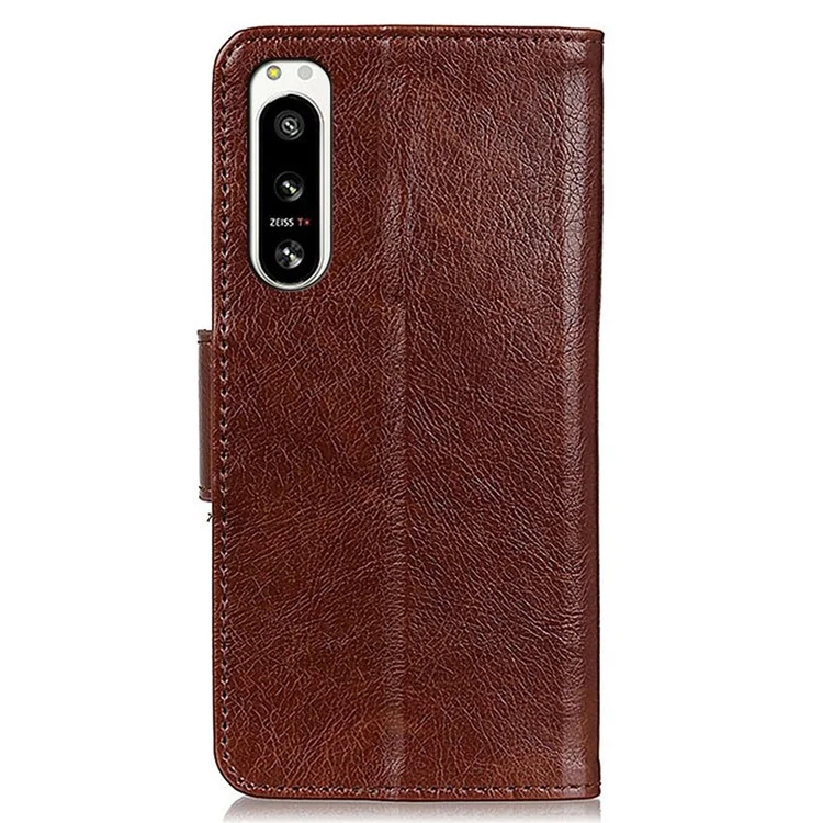 For Sony Xperia 5 IV 5G Nappa Texture Split Leather Flip Wallet Case Magnetic Closure Shockproof Phone Cover Stand - Brown