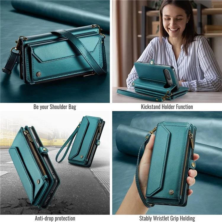 Serie Caseme C36 Para Google Pixel 9 / Bolso de Teléfono de Cuero Crossbody Pixel 9 Pro Case Con 7 Ranuras Para Tarjetas - Verde
