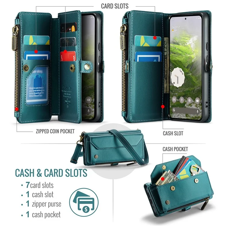Serie Caseme C36 Para Google Pixel 9 / Bolso de Teléfono de Cuero Crossbody Pixel 9 Pro Case Con 7 Ranuras Para Tarjetas - Verde