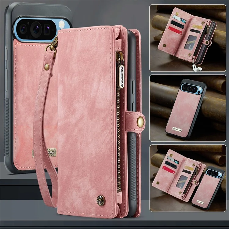 CASEME 008 Series para Google Pixel 9 Pro XL Capa Telefone Couro Tampa Zíper Bolso - Rosa