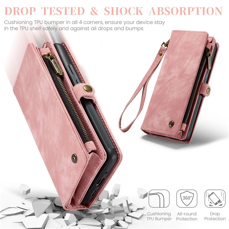 CASEME 008 Series para Google Pixel 9 Pro XL Capa Telefone Couro Tampa Zíper Bolso - Rosa