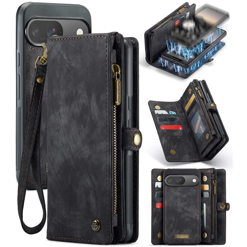 For Google Pixel 9 / Pixel 9 Pro Phone Cases CASEME 008 Leather Cover with Detachable Wallet and Strap - Black