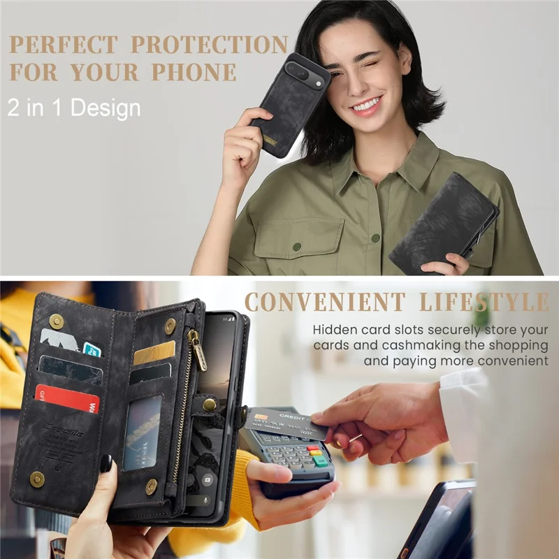 For Google Pixel 9 / Pixel 9 Pro Phone Cases CASEME 008 Leather Cover with Detachable Wallet and Strap - Black