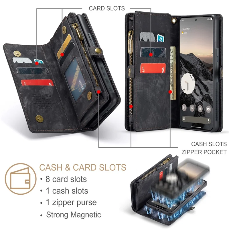 For Google Pixel 9 / Pixel 9 Pro Phone Cases CASEME 008 Leather Cover with Detachable Wallet and Strap - Black