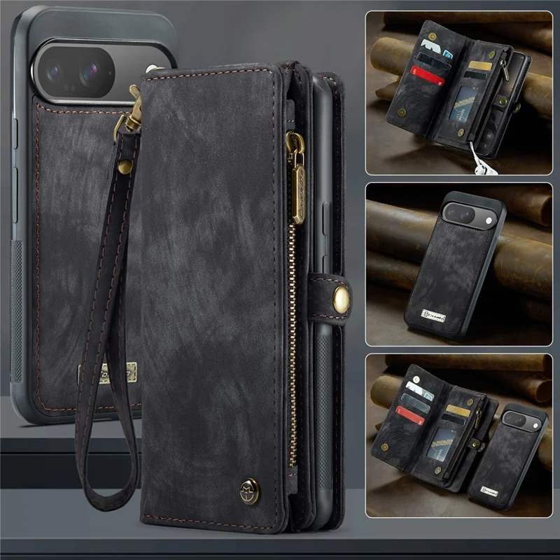For Google Pixel 9 / Pixel 9 Pro Phone Cases CASEME 008 Leather Cover with Detachable Wallet and Strap - Black