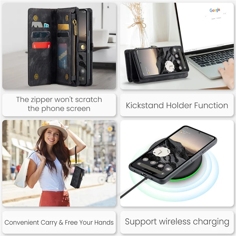 For Google Pixel 9 / Pixel 9 Pro Phone Cases CASEME 008 Leather Cover with Detachable Wallet and Strap - Black