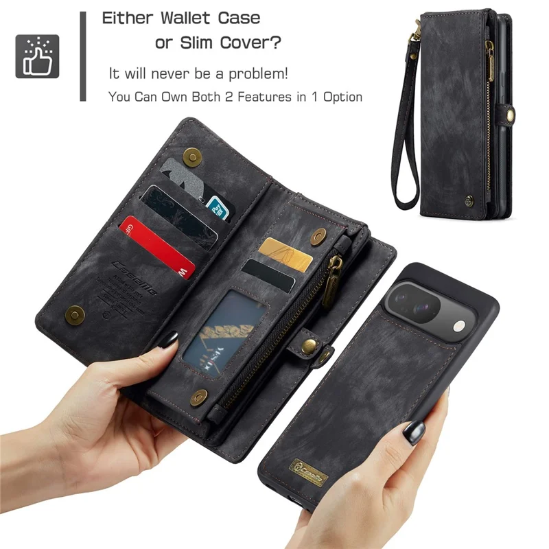 For Google Pixel 9 / Pixel 9 Pro Phone Cases CASEME 008 Leather Cover with Detachable Wallet and Strap - Black
