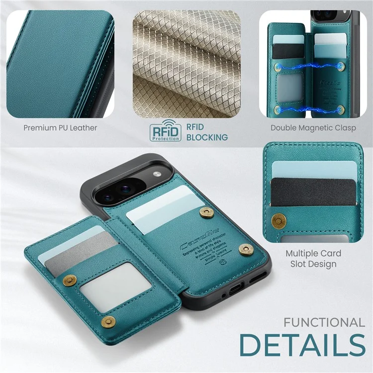 Serie Caseme C22 Per Google Pixel 9 / Pixel 9 Pro Case Leather+TPU Cover RFID Blocking Card Slot - Verde