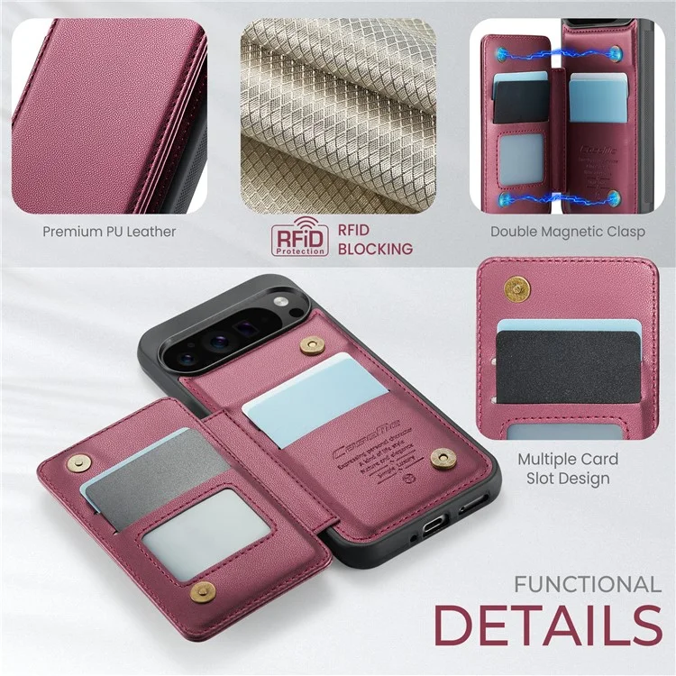 For Google Pixel 9 Pro XL Phone Case CASEME C22 Leather Back Cover with RFID Blocking Card Slots - Red