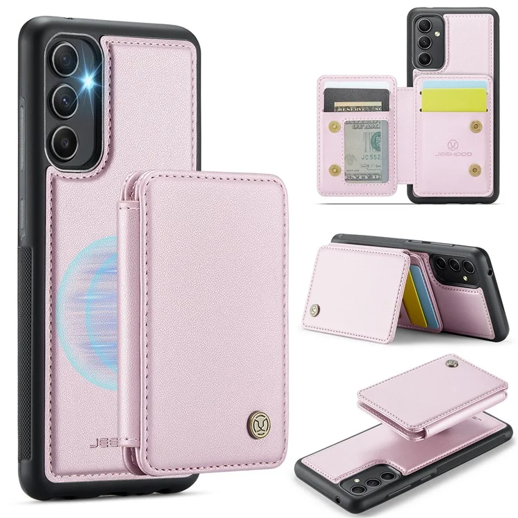Jeehood J05 Para Samsung Galaxy A34 5G Case Soporte de Tarjetas Tootstand Leather+TPU Phone Cover - Rosa