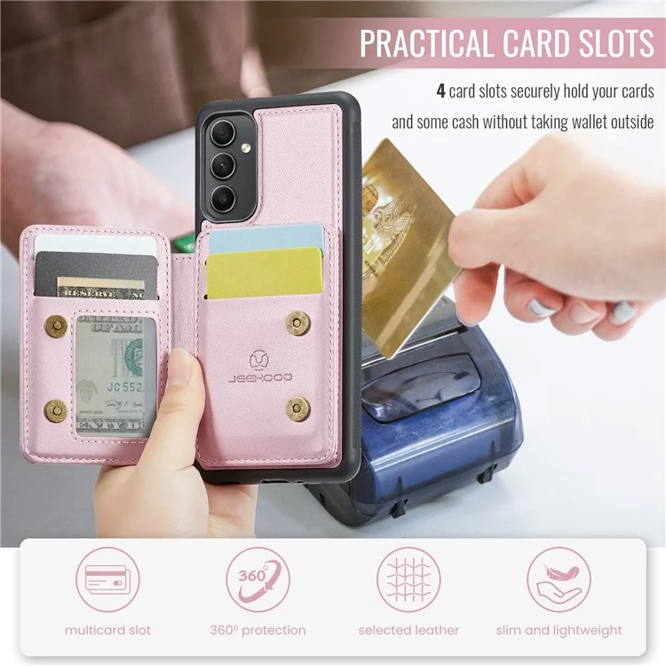 Jeehood J05 Para Samsung Galaxy A34 5G Case Soporte de Tarjetas Tootstand Leather+TPU Phone Cover - Rosa