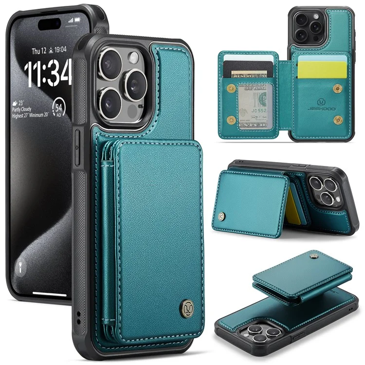 JEEHOOD J05 Para iPhone 16 Pro Max Caso Suporte de Cartão Suporte de Apoio Caso de Telefone de Couro+TPU - Ciano
