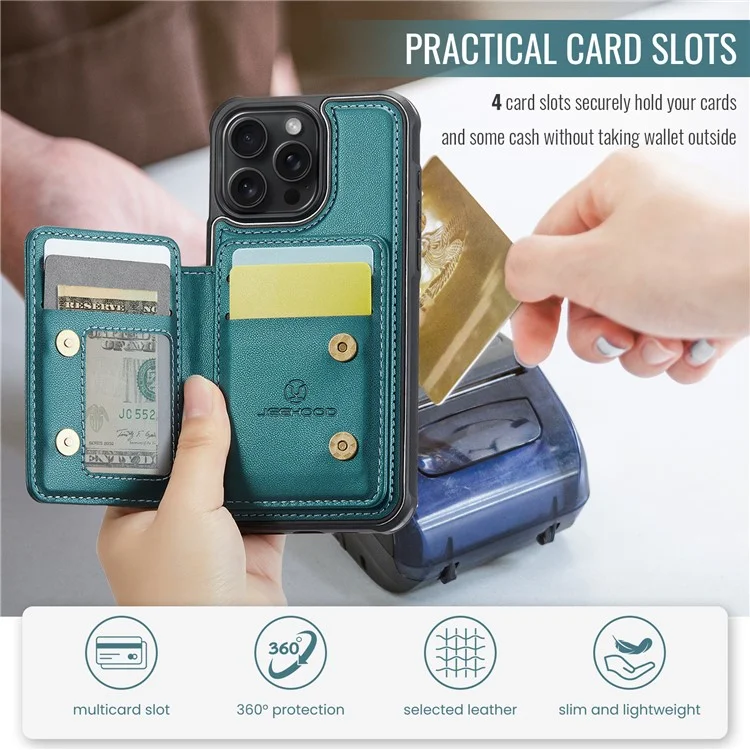 JEEHOOD J05 Para iPhone 16 Pro Max Caso Suporte de Cartão Suporte de Apoio Caso de Telefone de Couro+TPU - Ciano