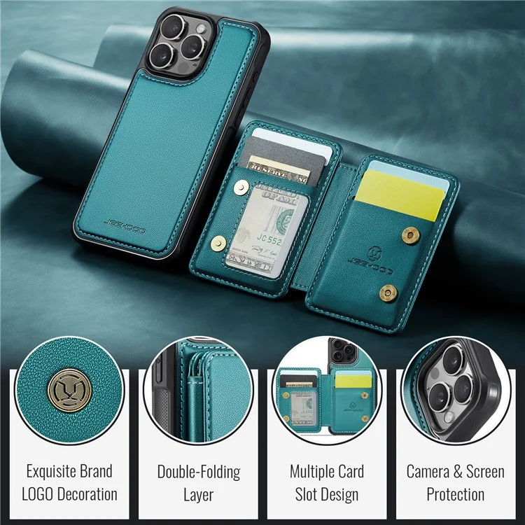 JEEHOOD J05 Para iPhone 16 Pro Max Caso Suporte de Cartão Suporte de Apoio Caso de Telefone de Couro+TPU - Ciano