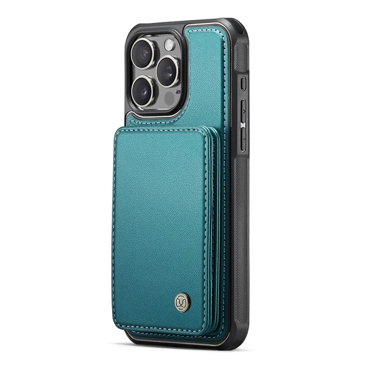 JEEHOOD J05 Para iPhone 16 Pro Max Caso Suporte de Cartão Suporte de Apoio Caso de Telefone de Couro+TPU - Ciano