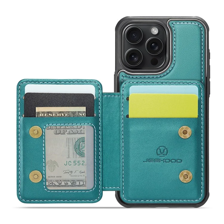 JEEHOOD J05 Para iPhone 16 Pro Max Caso Suporte de Cartão Suporte de Apoio Caso de Telefone de Couro+TPU - Ciano