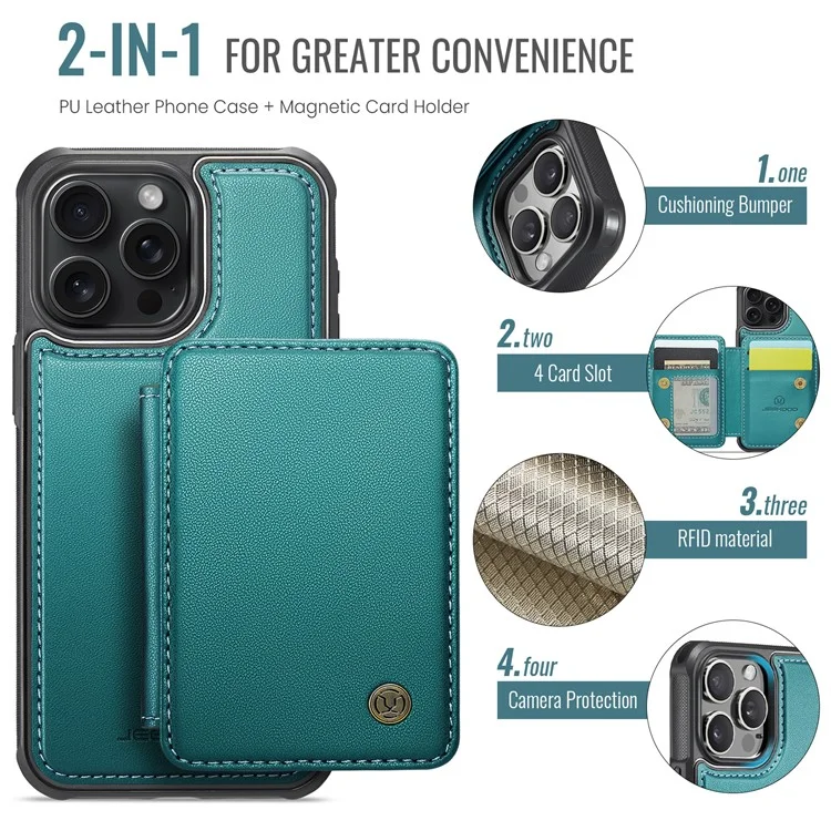 JEEHOOD J05 Para iPhone 16 Pro Max Caso Suporte de Cartão Suporte de Apoio Caso de Telefone de Couro+TPU - Ciano