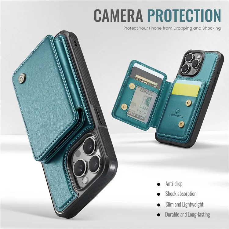 JEEHOOD J05 Para iPhone 16 Pro Max Caso Suporte de Cartão Suporte de Apoio Caso de Telefone de Couro+TPU - Ciano