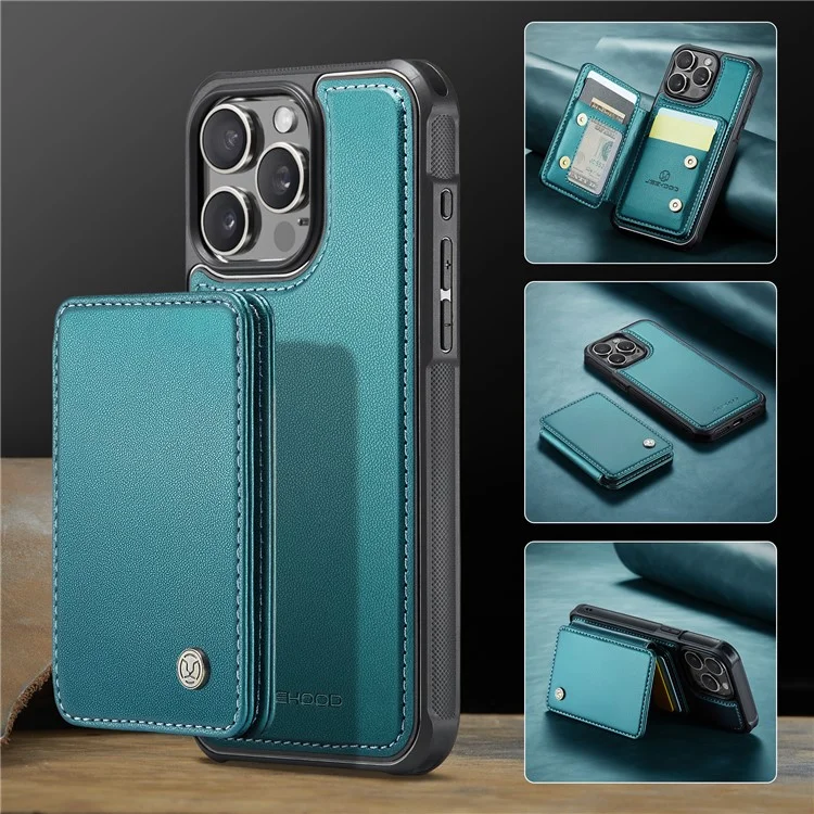 JEEHOOD J05 Para iPhone 16 Pro Max Caso Suporte de Cartão Suporte de Apoio Caso de Telefone de Couro+TPU - Ciano