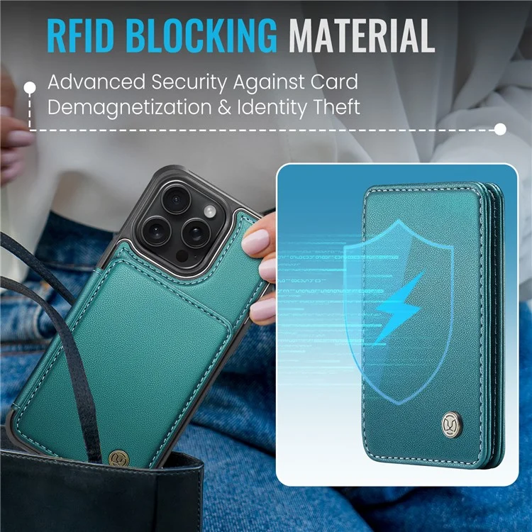JEEHOOD J05 Para iPhone 16 Pro Max Caso Suporte de Cartão Suporte de Apoio Caso de Telefone de Couro+TPU - Ciano