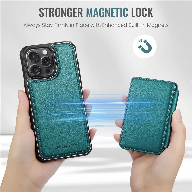 JEEHOOD J05 Para iPhone 16 Pro Max Caso Suporte de Cartão Suporte de Apoio Caso de Telefone de Couro+TPU - Ciano