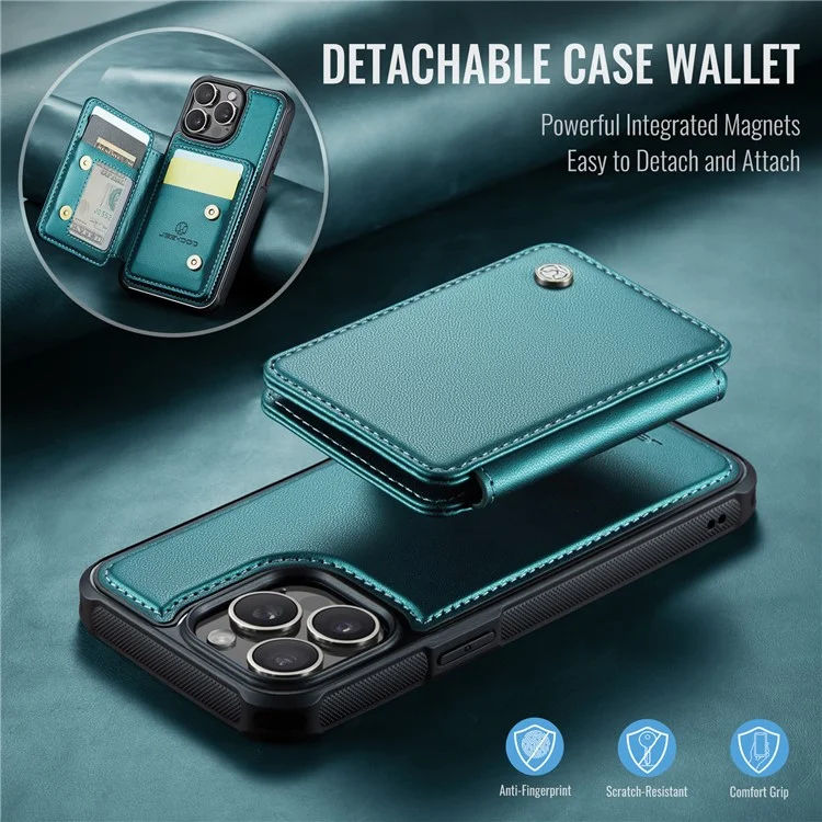 JEEHOOD J05 Para iPhone 16 Pro Max Caso Suporte de Cartão Suporte de Apoio Caso de Telefone de Couro+TPU - Ciano