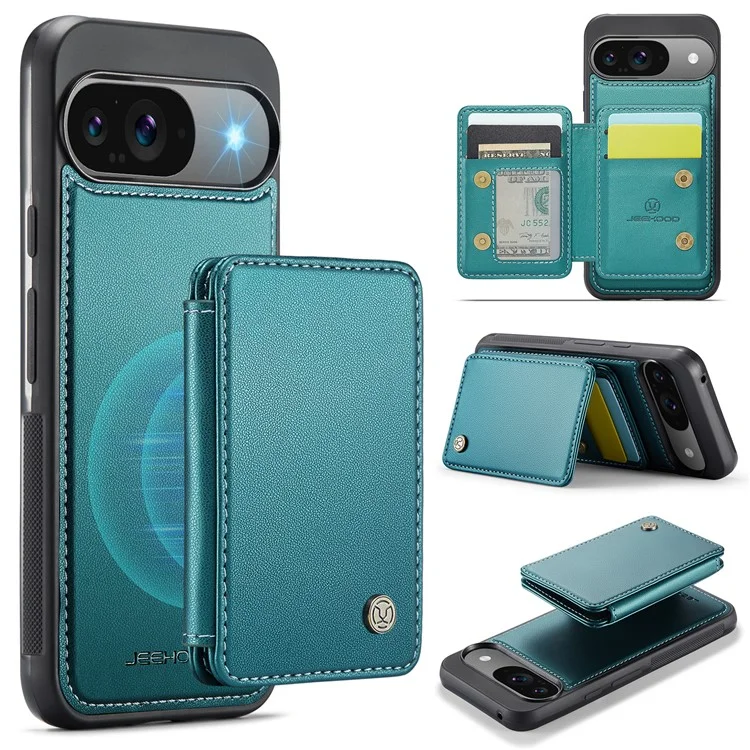JEEHOOD J05 Für Google Pixel 9 / Pixel 9 Pro Hülle Kartenfach Kickstand Leder+TPU Handyhülle - Cyan