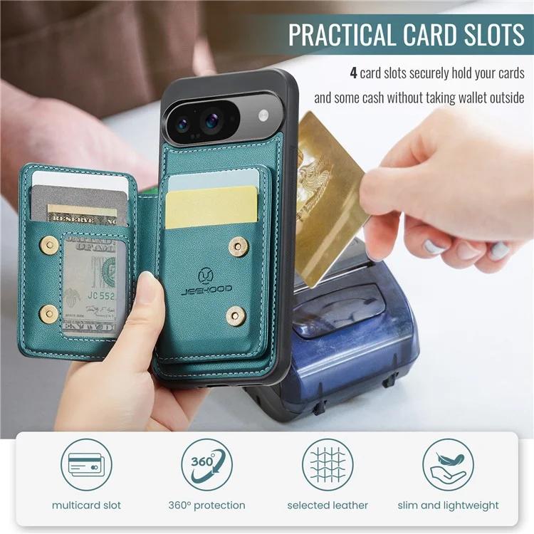 JEEHOOD J05 Für Google Pixel 9 / Pixel 9 Pro Hülle Kartenfach Kickstand Leder+TPU Handyhülle - Cyan