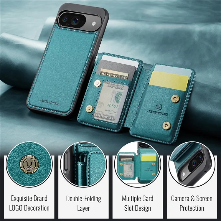 JEEHOOD J05 Für Google Pixel 9 / Pixel 9 Pro Hülle Kartenfach Kickstand Leder+TPU Handyhülle - Cyan