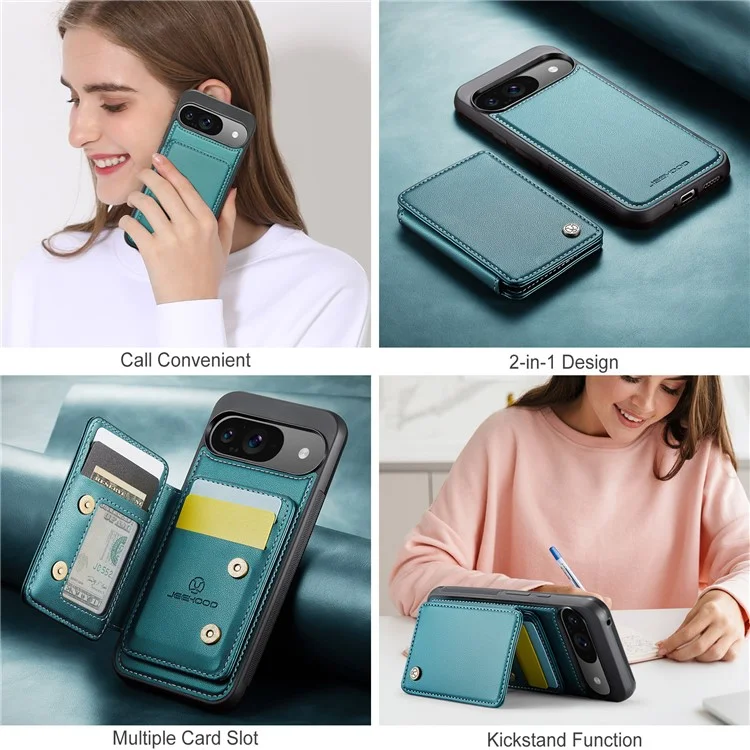 JEEHOOD J05 Für Google Pixel 9 / Pixel 9 Pro Hülle Kartenfach Kickstand Leder+TPU Handyhülle - Cyan