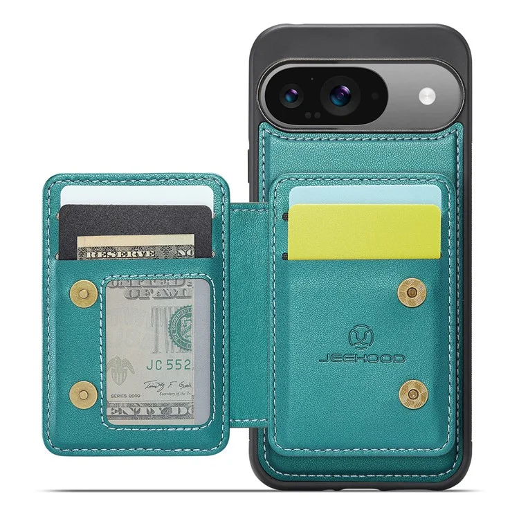 JEEHOOD J05 Für Google Pixel 9 / Pixel 9 Pro Hülle Kartenfach Kickstand Leder+TPU Handyhülle - Cyan