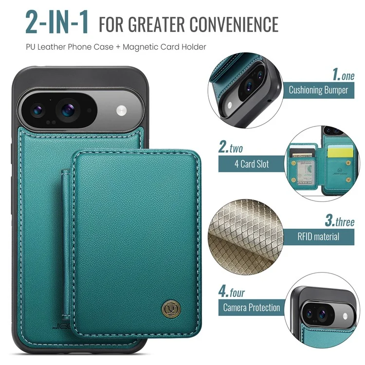 JEEHOOD J05 Für Google Pixel 9 / Pixel 9 Pro Hülle Kartenfach Kickstand Leder+TPU Handyhülle - Cyan