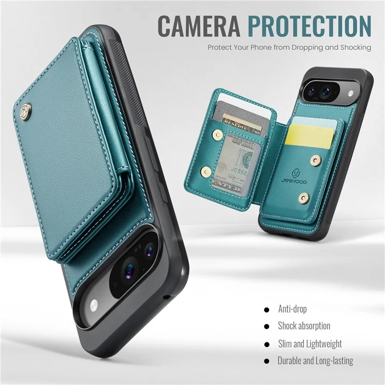 JEEHOOD J05 Für Google Pixel 9 / Pixel 9 Pro Hülle Kartenfach Kickstand Leder+TPU Handyhülle - Cyan