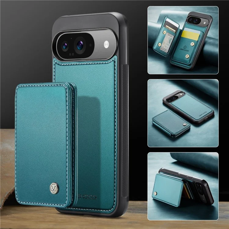 JEEHOOD J05 Für Google Pixel 9 / Pixel 9 Pro Hülle Kartenfach Kickstand Leder+TPU Handyhülle - Cyan
