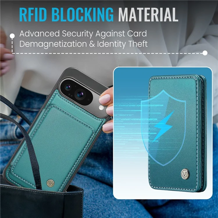JEEHOOD J05 Für Google Pixel 9 / Pixel 9 Pro Hülle Kartenfach Kickstand Leder+TPU Handyhülle - Cyan