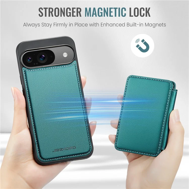 JEEHOOD J05 Für Google Pixel 9 / Pixel 9 Pro Hülle Kartenfach Kickstand Leder+TPU Handyhülle - Cyan