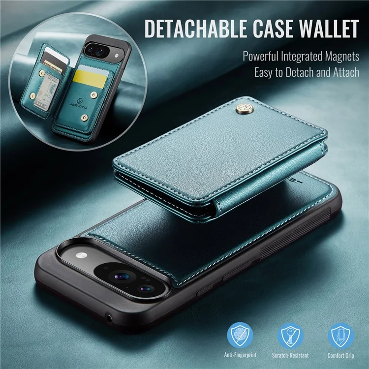 JEEHOOD J05 Für Google Pixel 9 / Pixel 9 Pro Hülle Kartenfach Kickstand Leder+TPU Handyhülle - Cyan