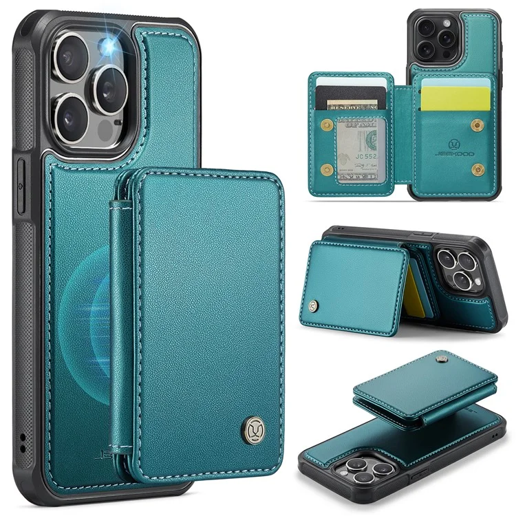 JEEHOOD J05 Étui pour iPhone 16 Pro Porte-cartes Support Cuir+TPU Coque Téléphone - Cyan
