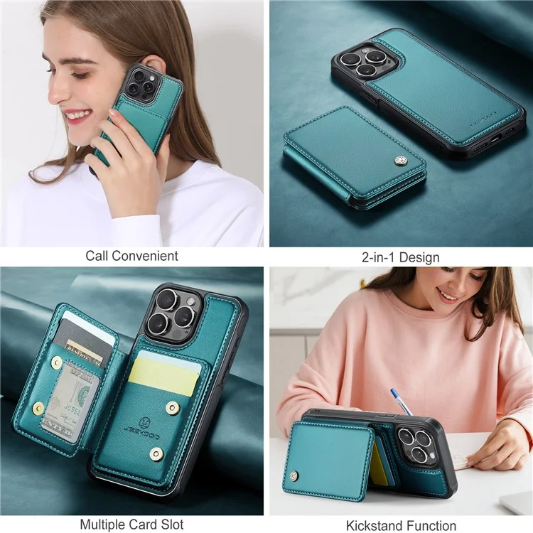 JEEHOOD J05 Étui pour iPhone 16 Pro Porte-cartes Support Cuir+TPU Coque Téléphone - Cyan