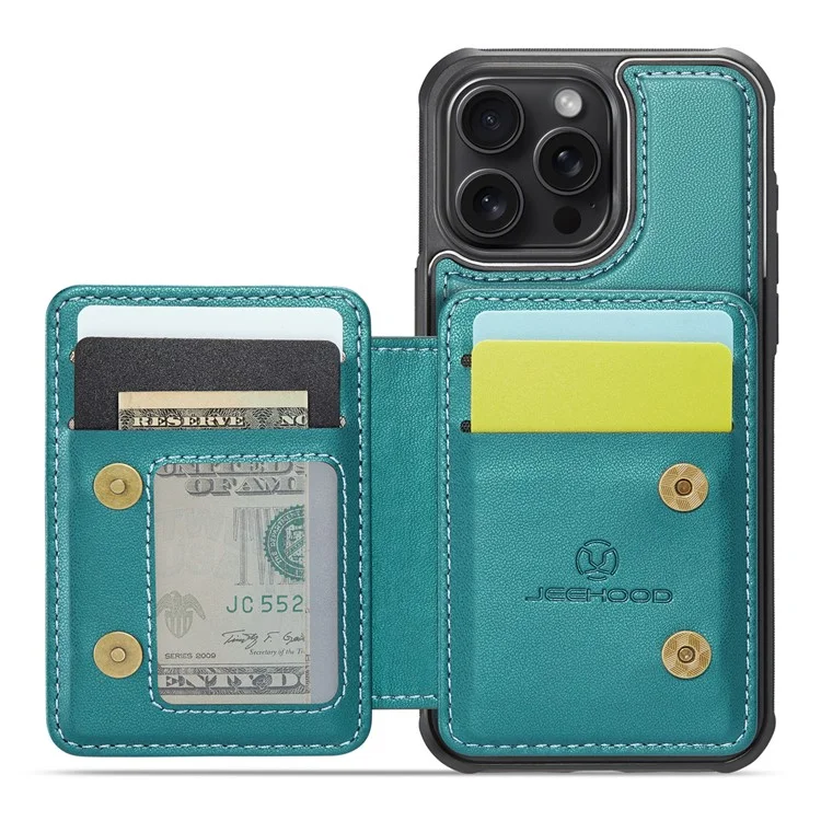 JEEHOOD J05 Étui pour iPhone 16 Pro Porte-cartes Support Cuir+TPU Coque Téléphone - Cyan