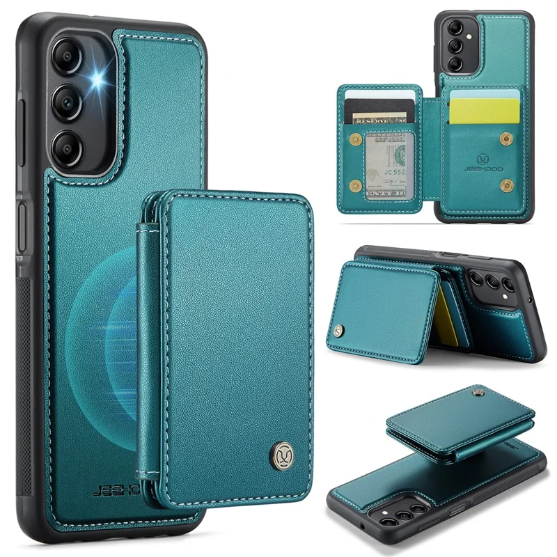JEEHOOD J05 For Samsung Galaxy A14 4G / 5G Case Leather Mobile Cover with Detachable Magnetic Card Bag - Cyan